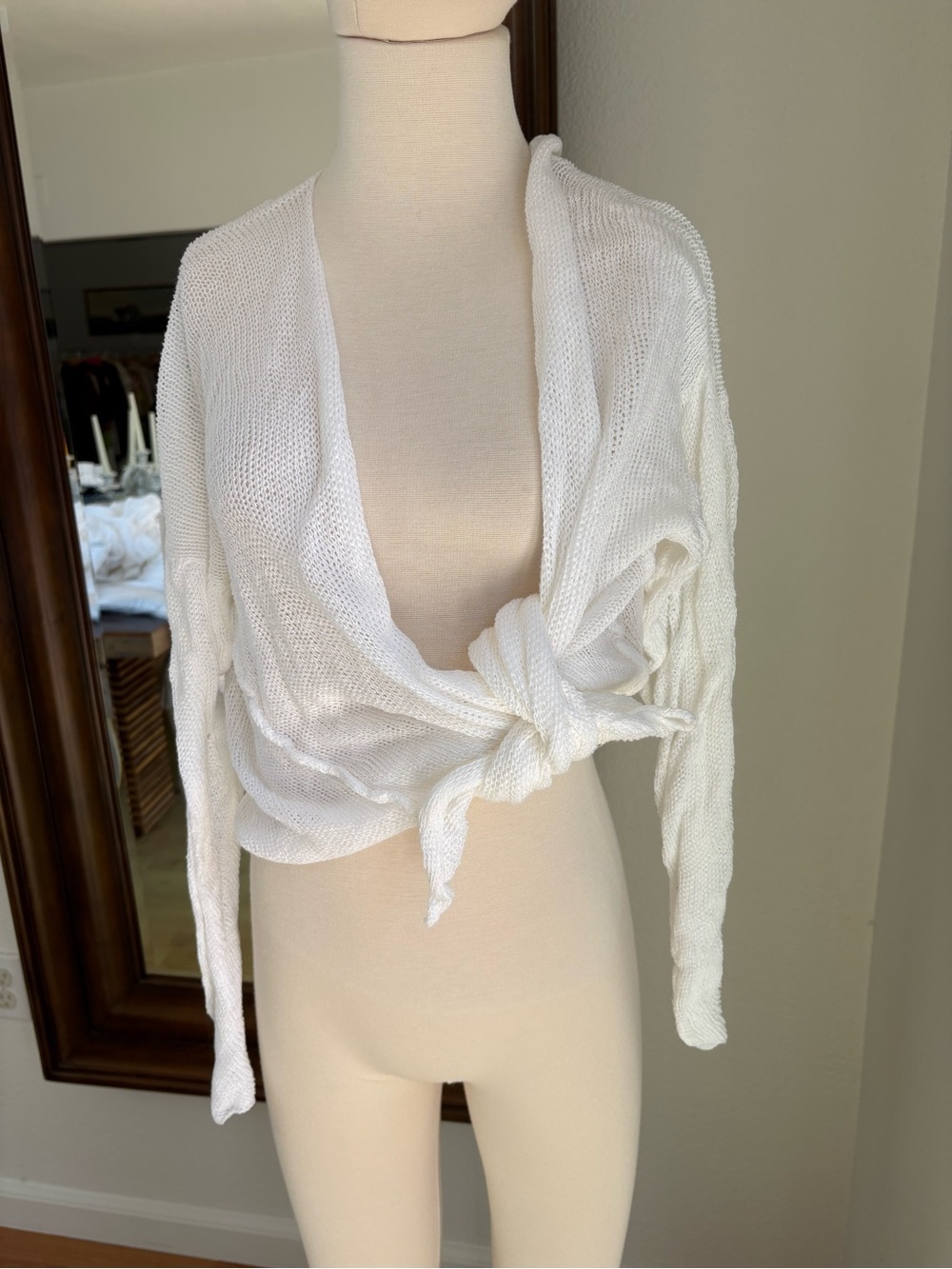 Women's White Tie-Front Open Knit Cardigan